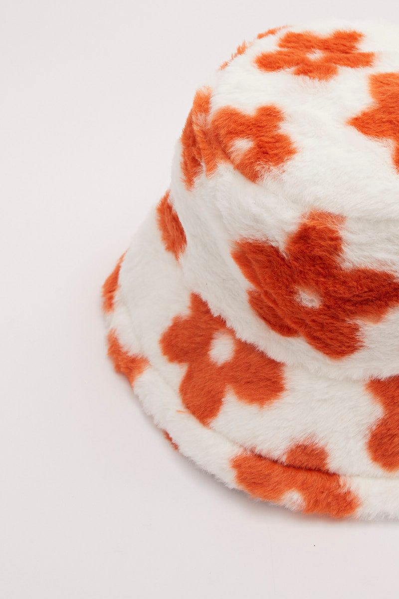 Orange Floral Print Faux Fur Bucket Hat for YouandAll Fashion