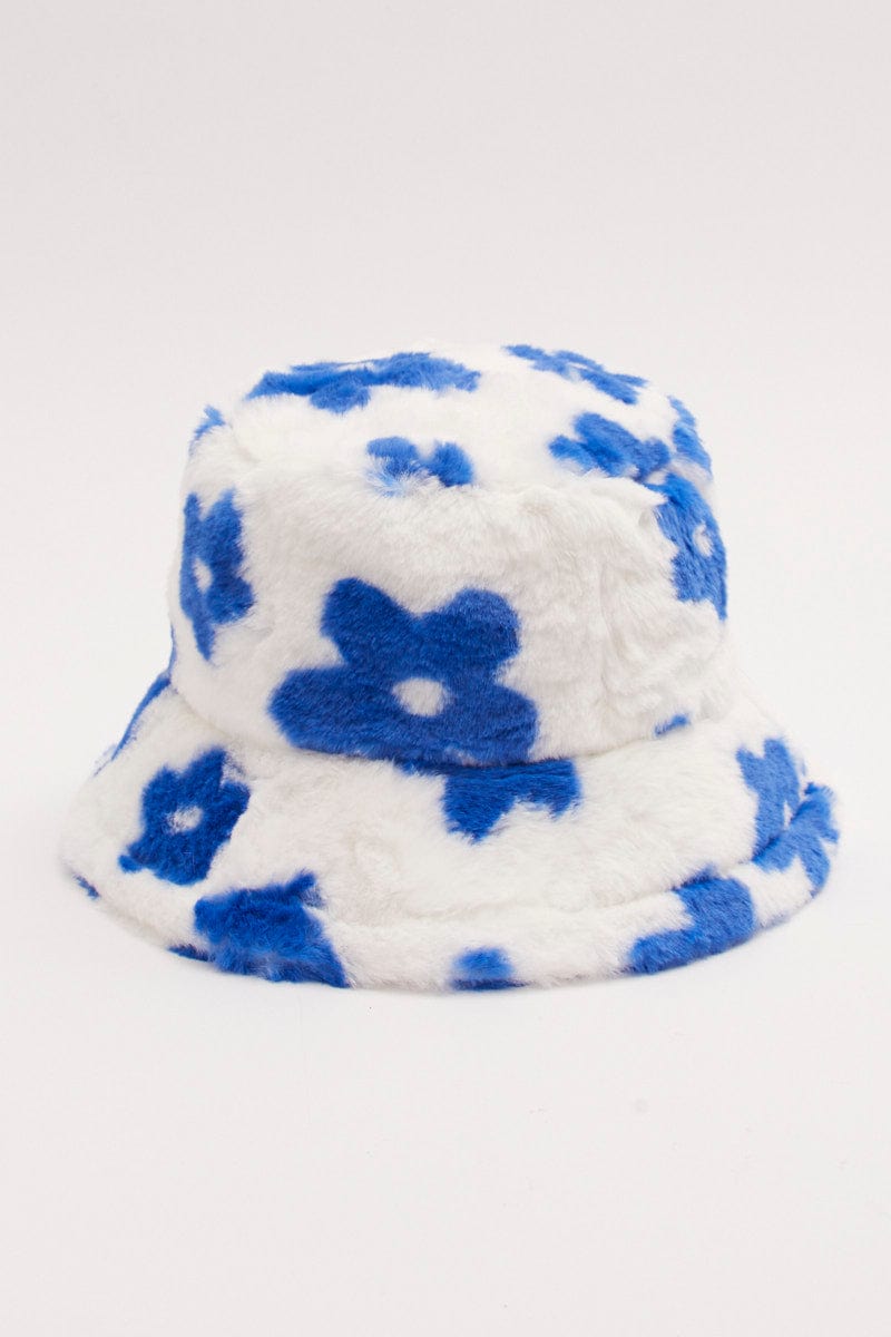 Blue Floral Print Faux Fur Bucket Hat for YouandAll Fashion