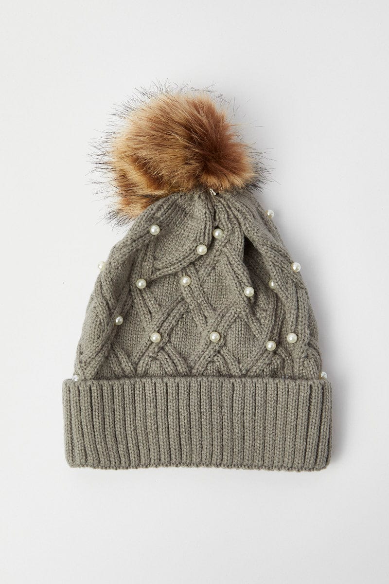 Grey Faux Fur Pom Pom Beanie for YouandAll Fashion