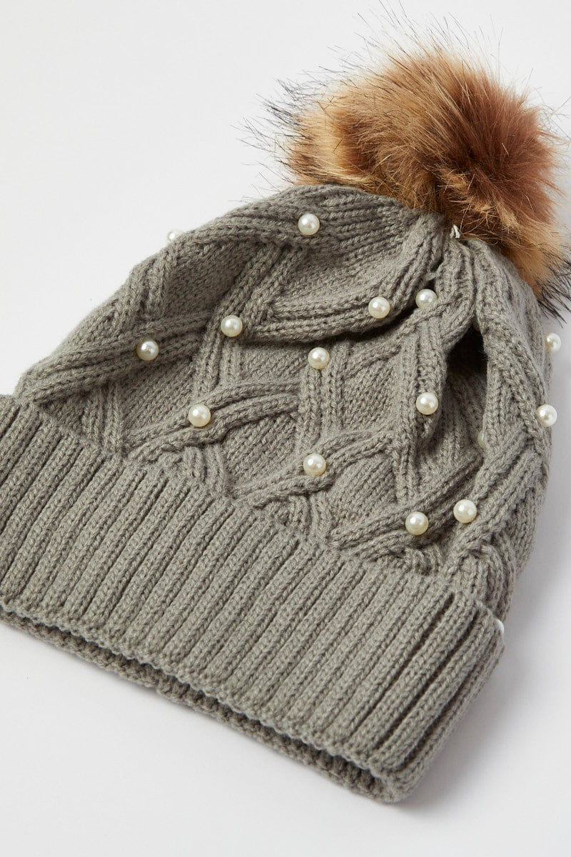 Grey Faux Fur Pom Pom Beanie for YouandAll Fashion