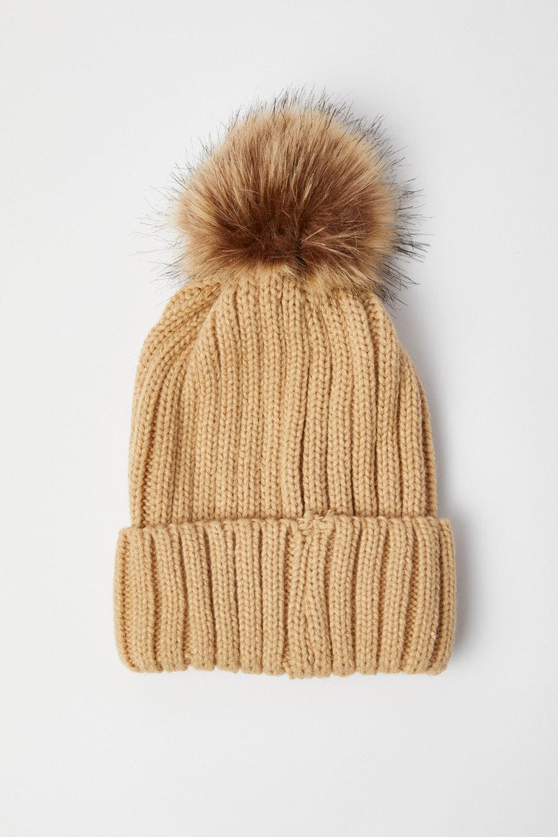 Beige Faux Fur Pom Pom Beanie for YouandAll Fashion