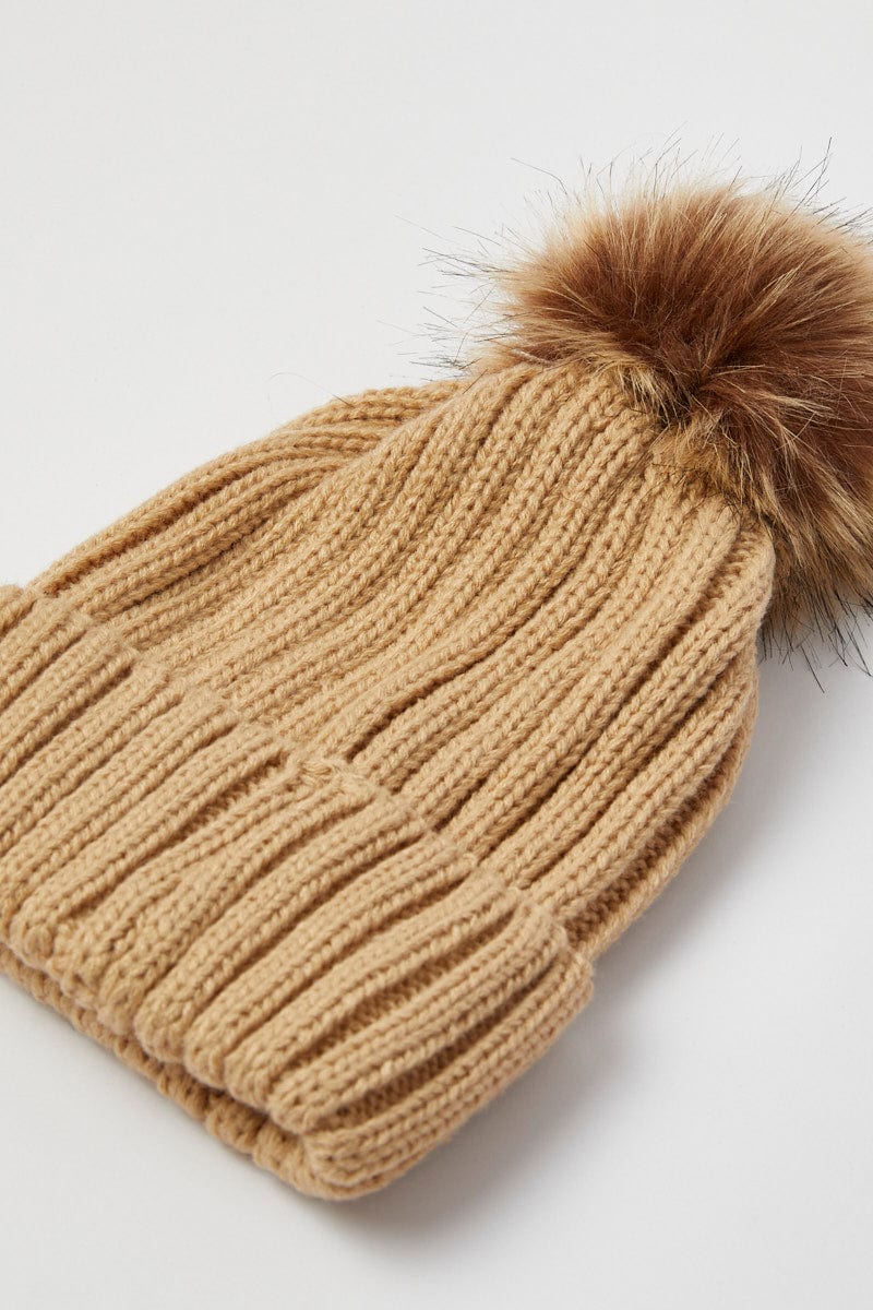 Beige Faux Fur Pom Pom Beanie for YouandAll Fashion