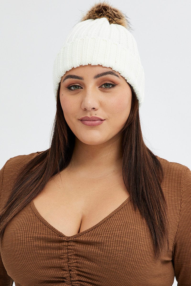 White Faux Fur Pom Pom Beanie for YouandAll Fashion