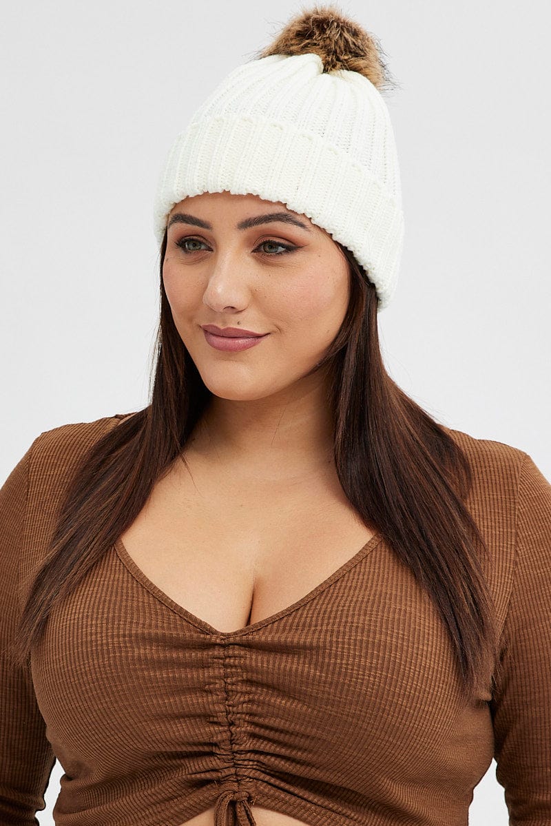 White Faux Fur Pom Pom Beanie for YouandAll Fashion