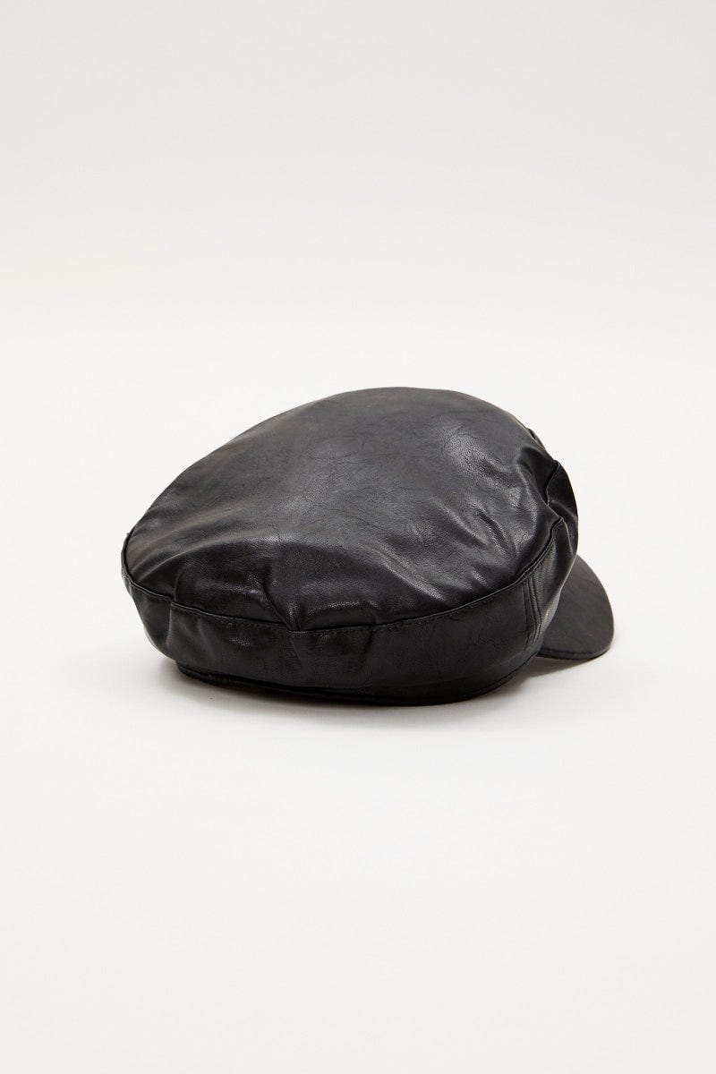 Black Faux Leather Baker Boy Hat For Women By You And All
