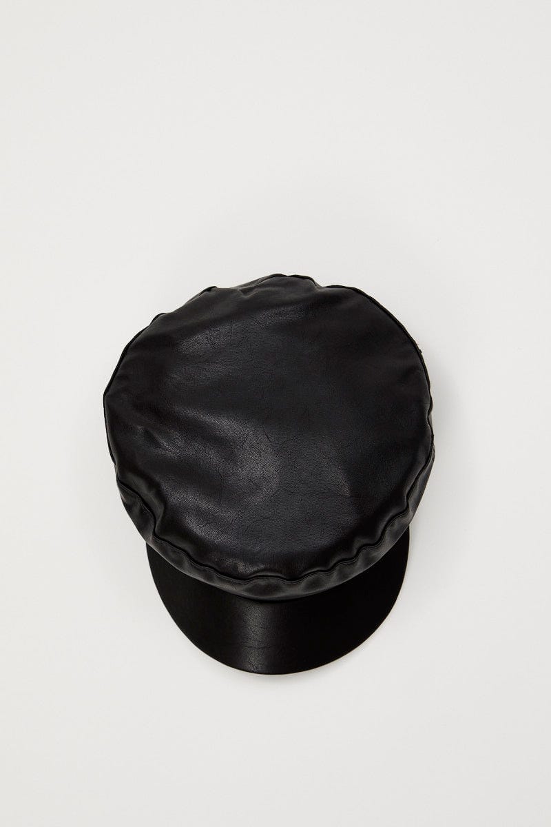Black Faux Leather Baker Boy Hat For Women By You And All