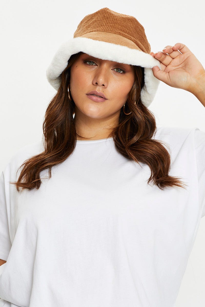 Camel Plus Cord Teddy Fur Trim Bucket Hat For Women By You And All