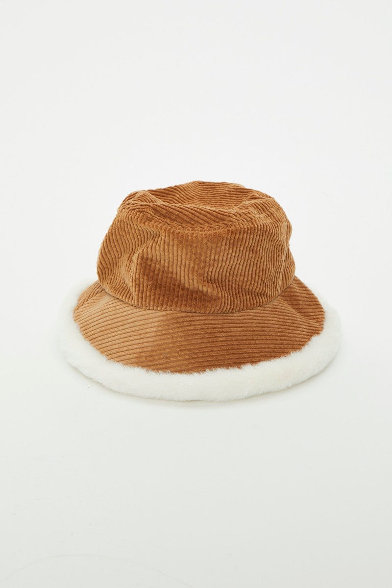 Camel Plus Cord Teddy Fur Trim Bucket Hat For Women By You And All