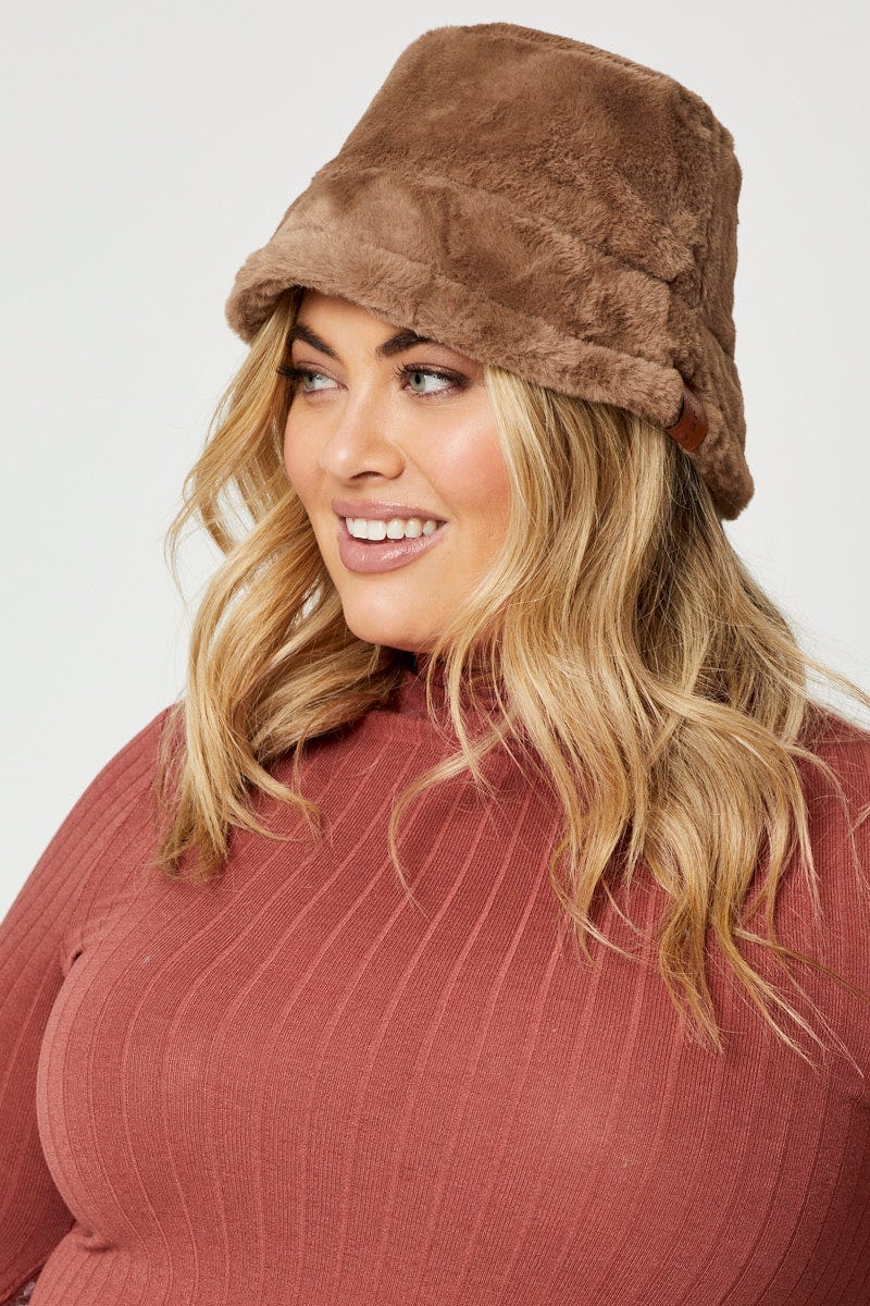 Brown Plus Faux Fur Bucket Hat For Women By You And All