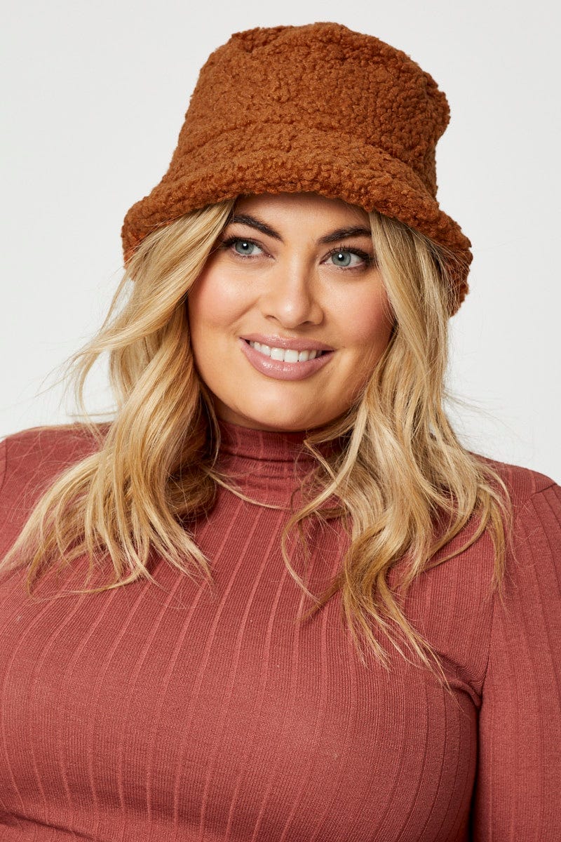 Brown Plus Teddy Borg Bucket Hat For Women By You And All