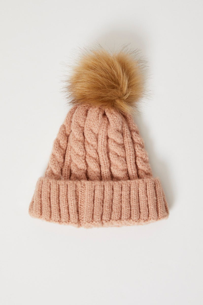 Pink Plus Faux Fur Pom Pom Cable Detail Beanie For Women By You And All