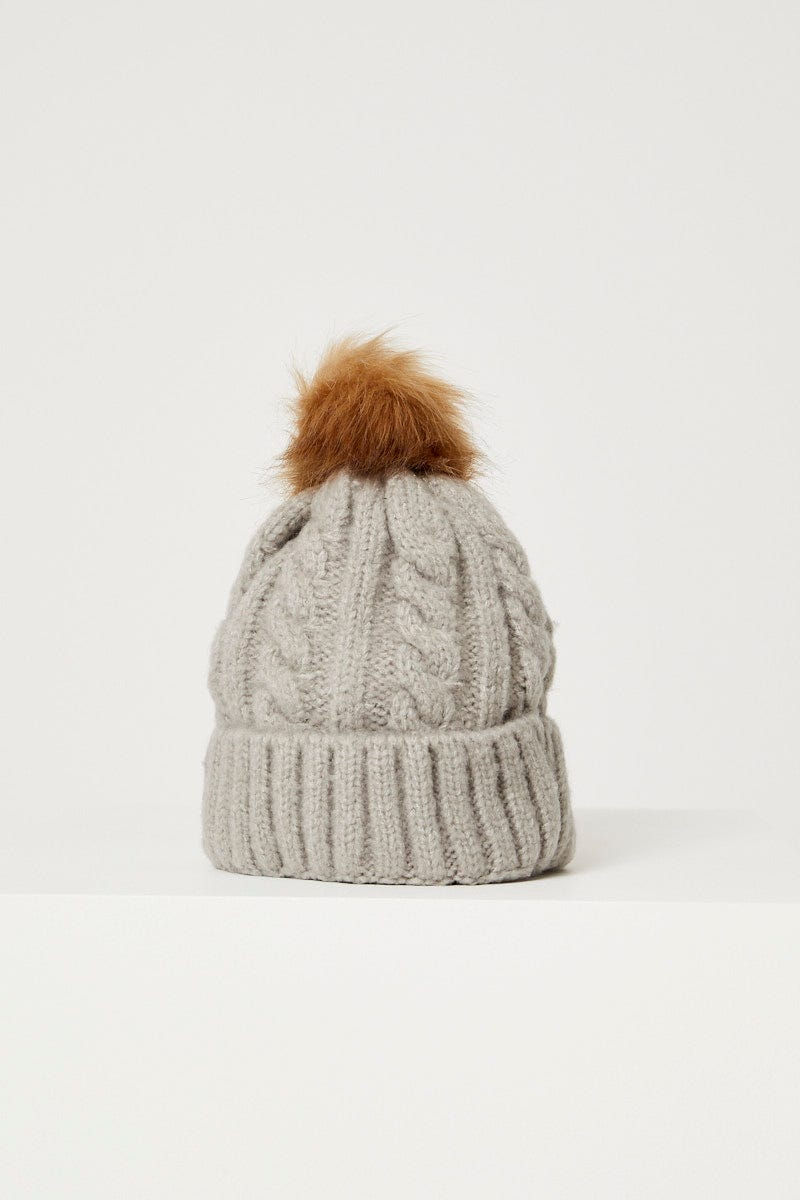 Grey Plus Faux Fur Pom Pom Cable Detail Beanie For Women By You And All