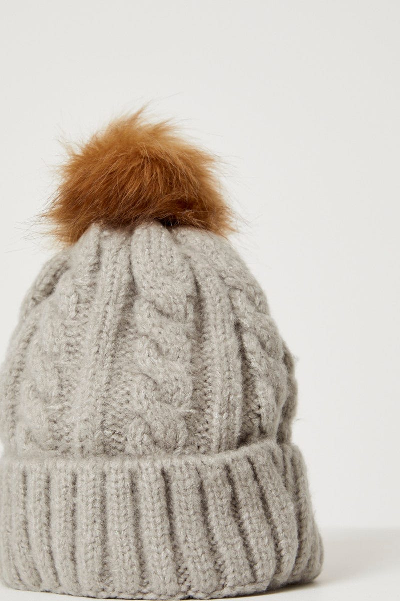 Grey Plus Faux Fur Pom Pom Cable Detail Beanie For Women By You And All