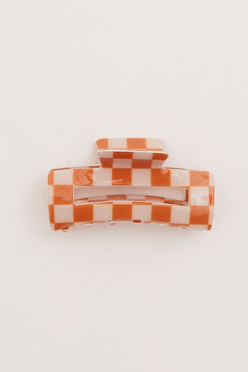 Orange Rectangle Check Print Claw Clip For Women By You And All