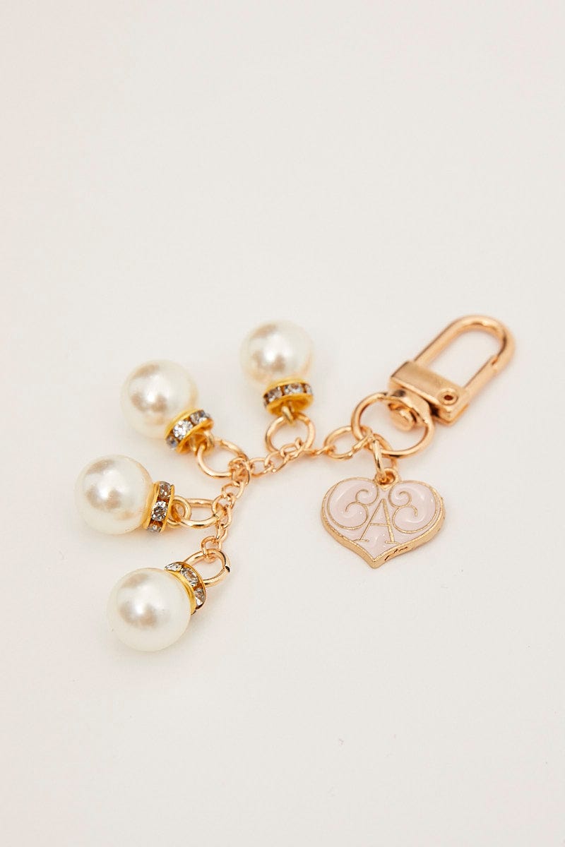 GOLD Faux Pearl and Heart Charm Keychain