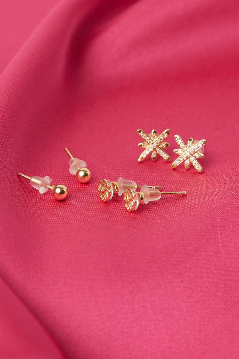 Gold 3 Pack Floral Earrings Set for YouandAll Fashion