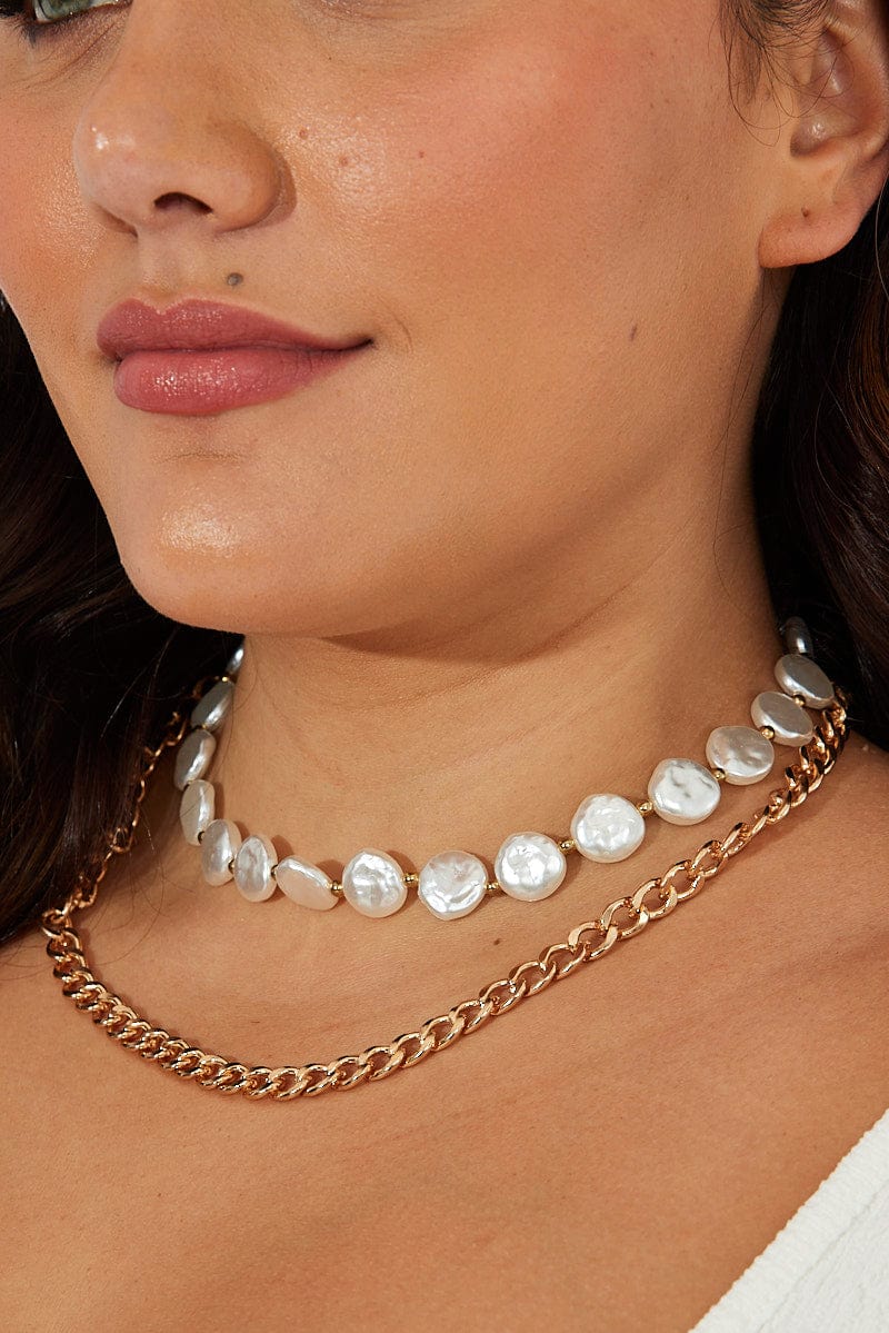 Gold Faux Pearl and Chain Layered Necklace for YouandAll Fashion