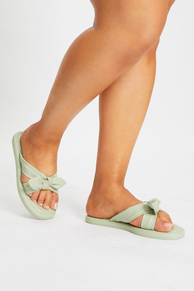 Green Plus Bow Tie Detail Flat Sliders For Women By You And All