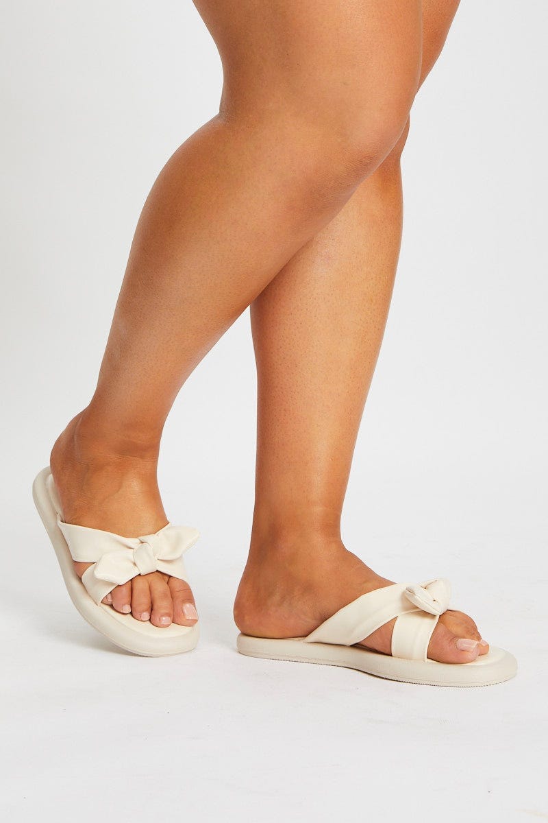 White Plus Bow Tie Detail Flat Sliders For Women By You And All