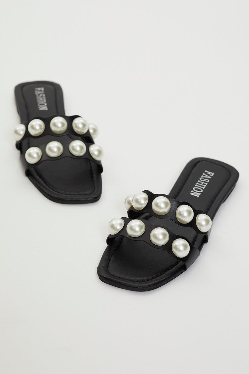 Black Plus Pearl Detail Flat Sliders For Women By You And All