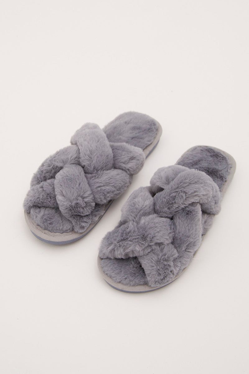 Grey Faux Fur Slippers For Women By You And All