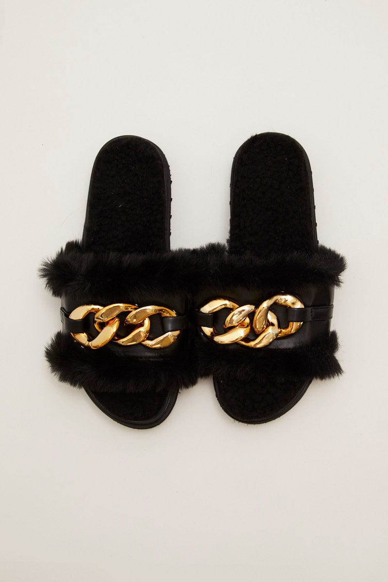 Black Faux Fur Chain Decor Slippers