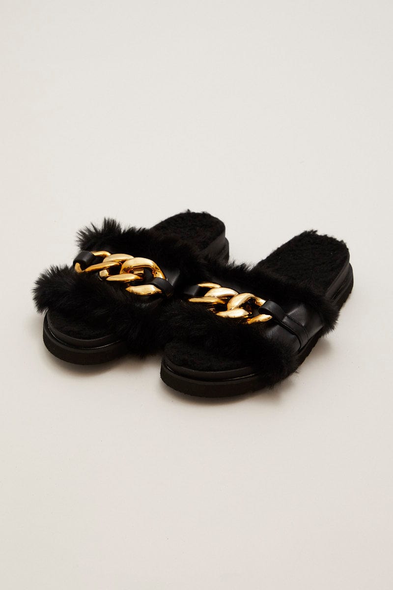 Black Faux Fur Chain Decor Slippers