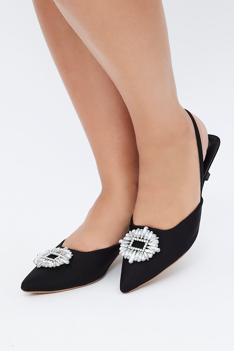 Black Rhinestone Decor Heeled Slingback for YouandAll Fashion