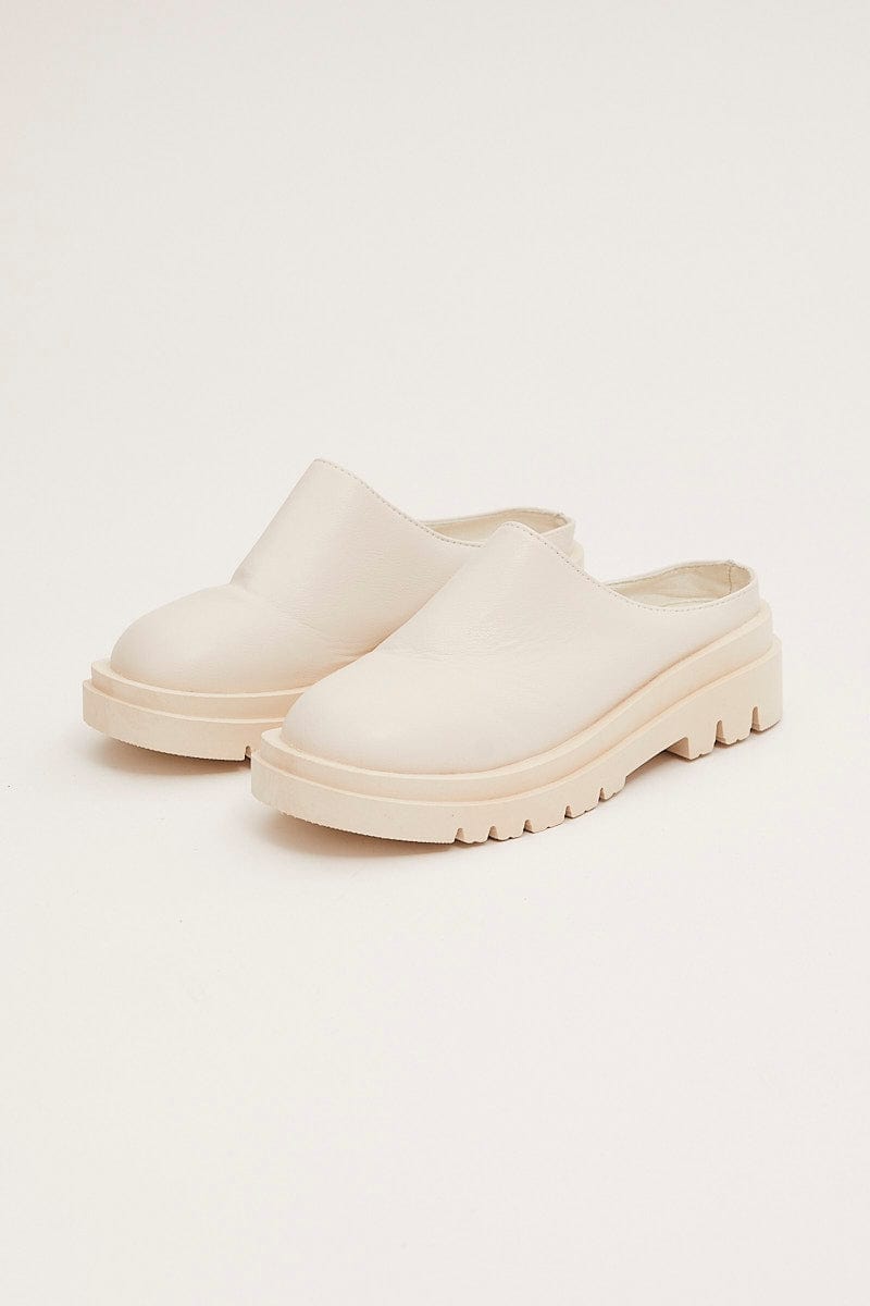 White Chunky Sole Flat Mules