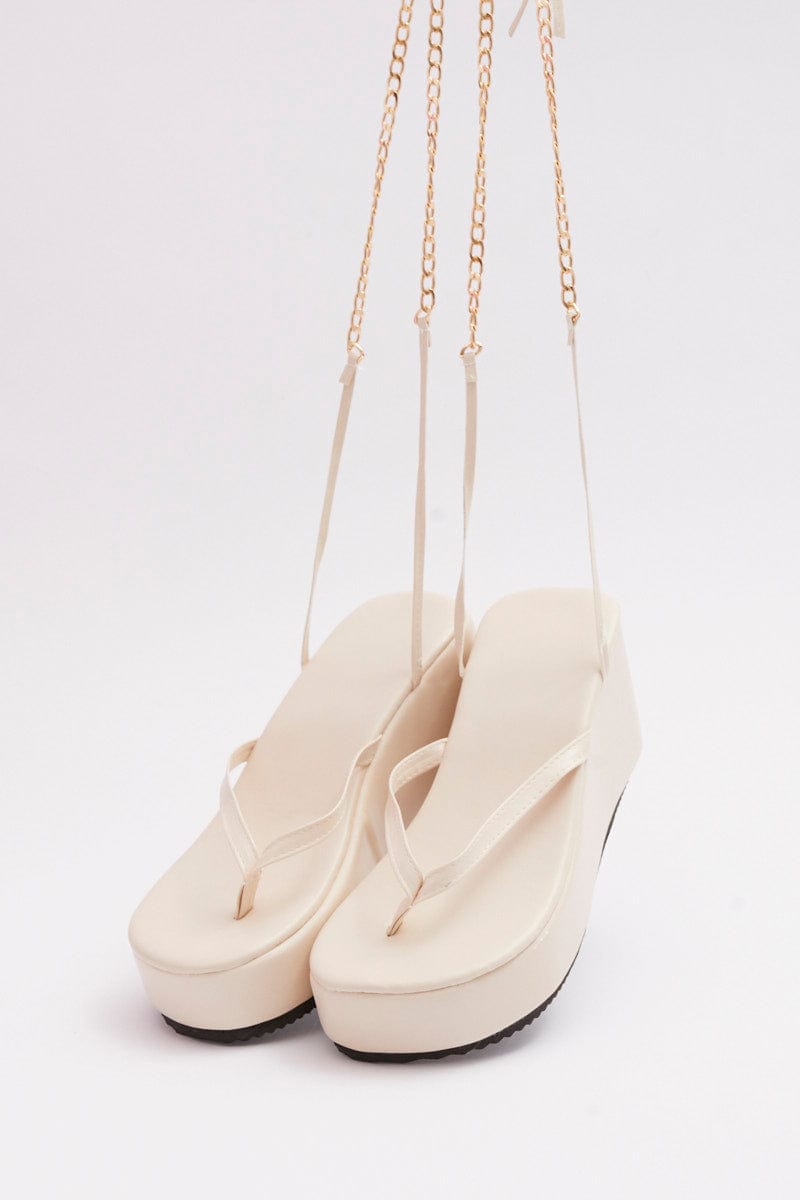 Beige Chain Decor Tie Leg Toe Post Wedge Thong Sandals for YouandAll Fashion