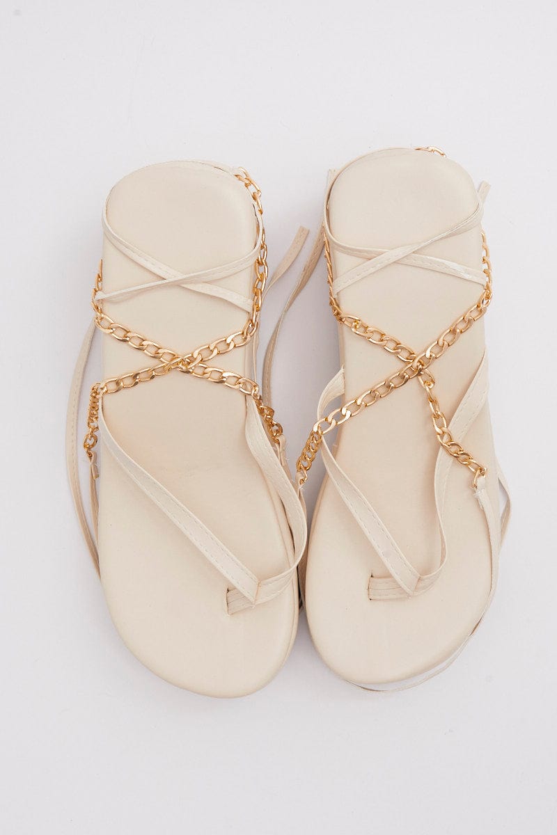 Beige Chain Decor Tie Leg Toe Post Wedge Thong Sandals for YouandAll Fashion