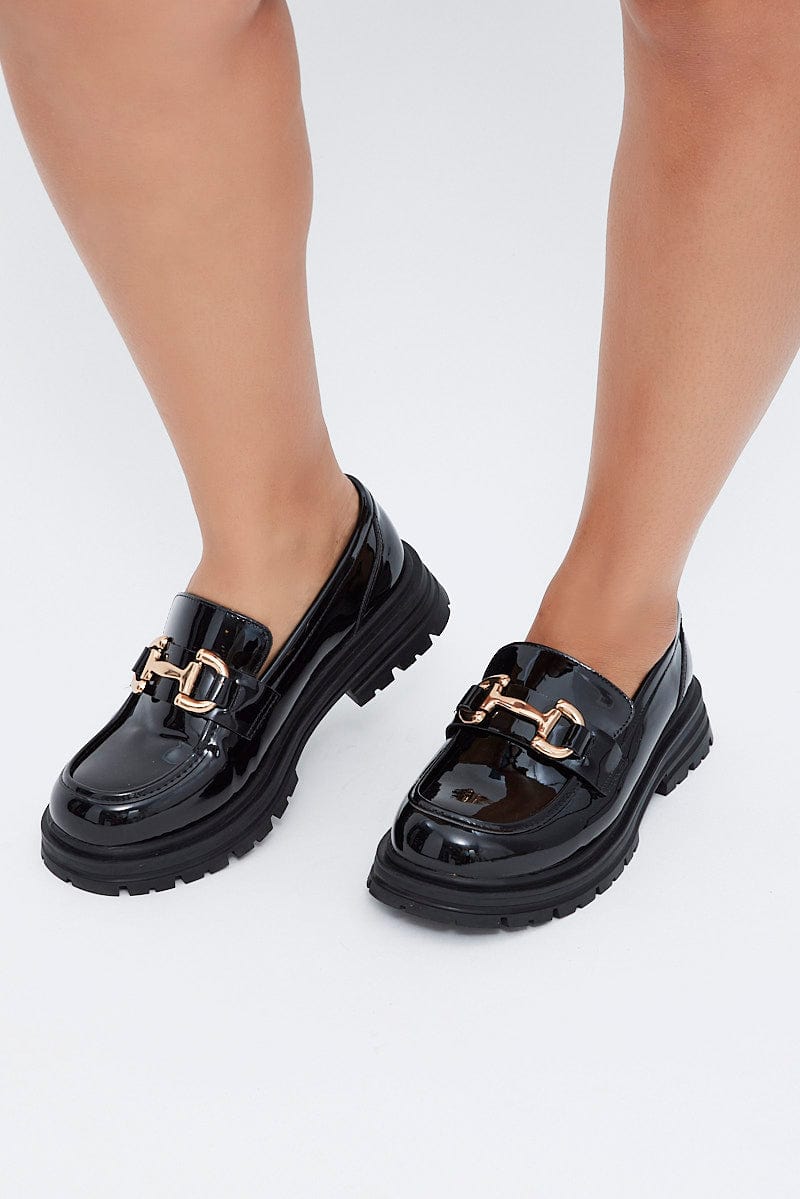 Black Wide Fit Chunky Sole Buckle Loafers for YouandAll Fashion