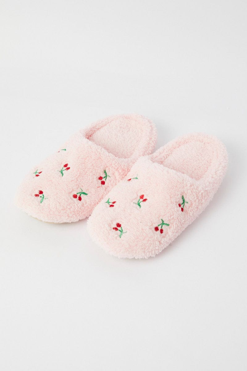 Pink Cherry Embroidery Fluffy Slippers for YouandAll Fashion