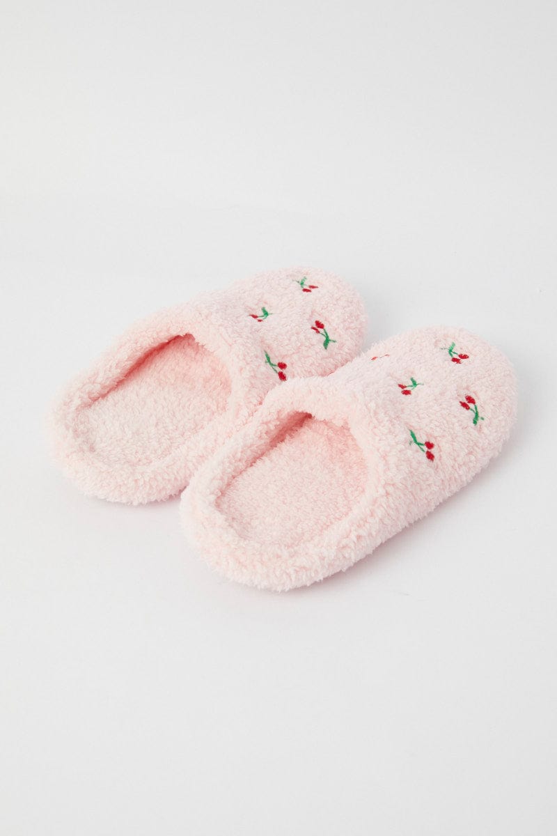 Pink Cherry Embroidery Fluffy Slippers for YouandAll Fashion