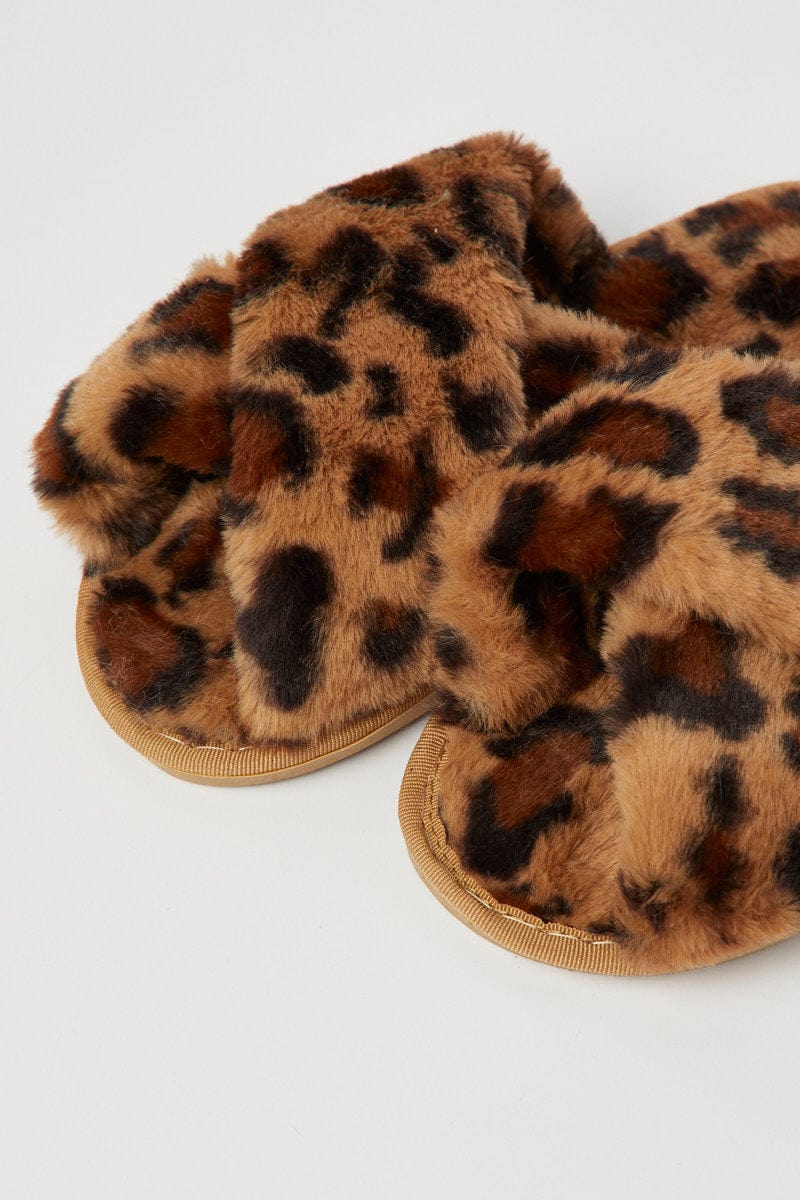 Brown Animal Print Faux Fur Slippers for YouandAll Fashion