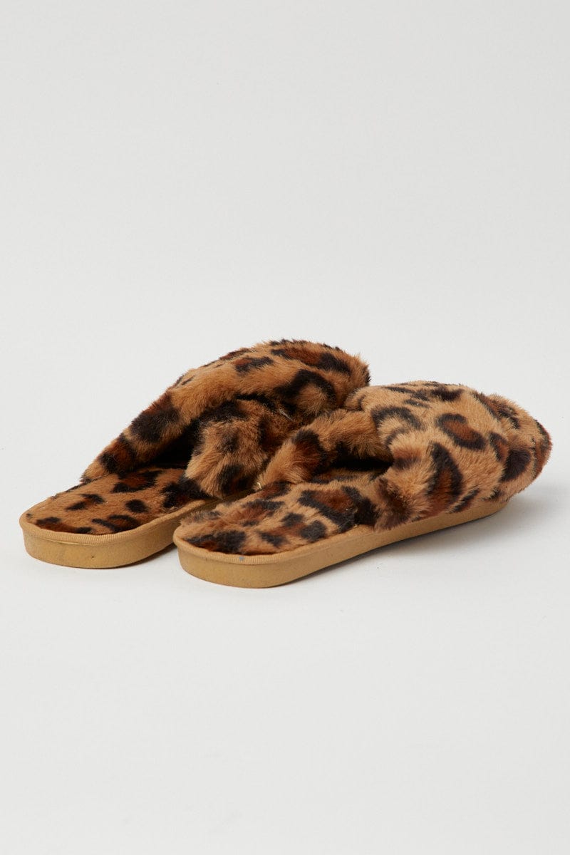 Brown Animal Print Faux Fur Slippers for YouandAll Fashion