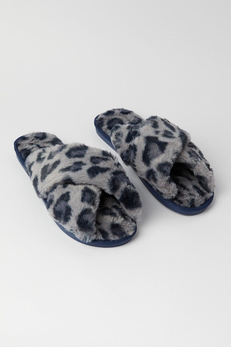 Grey Animal Print Faux Fur Slippers for YouandAll Fashion