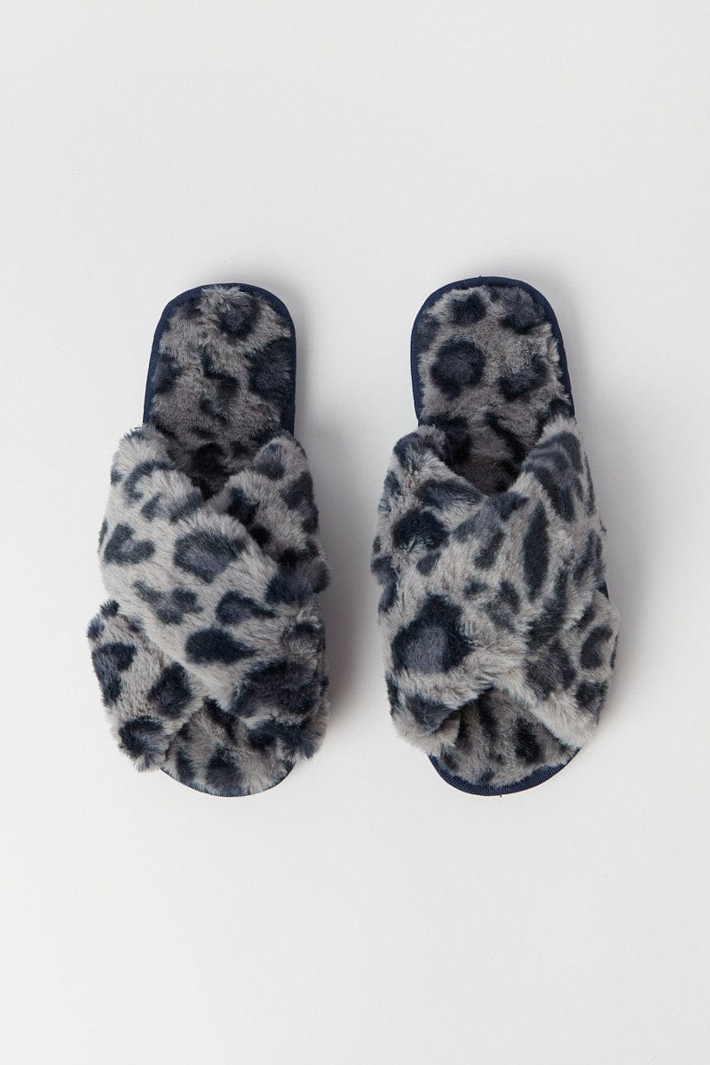 Grey Animal Print Faux Fur Slippers for YouandAll Fashion