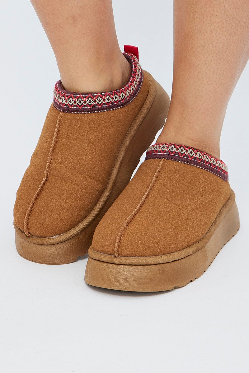 Camel Chunky Faux Fur Aztec Trim Mule Slippers for YouandAll Fashion