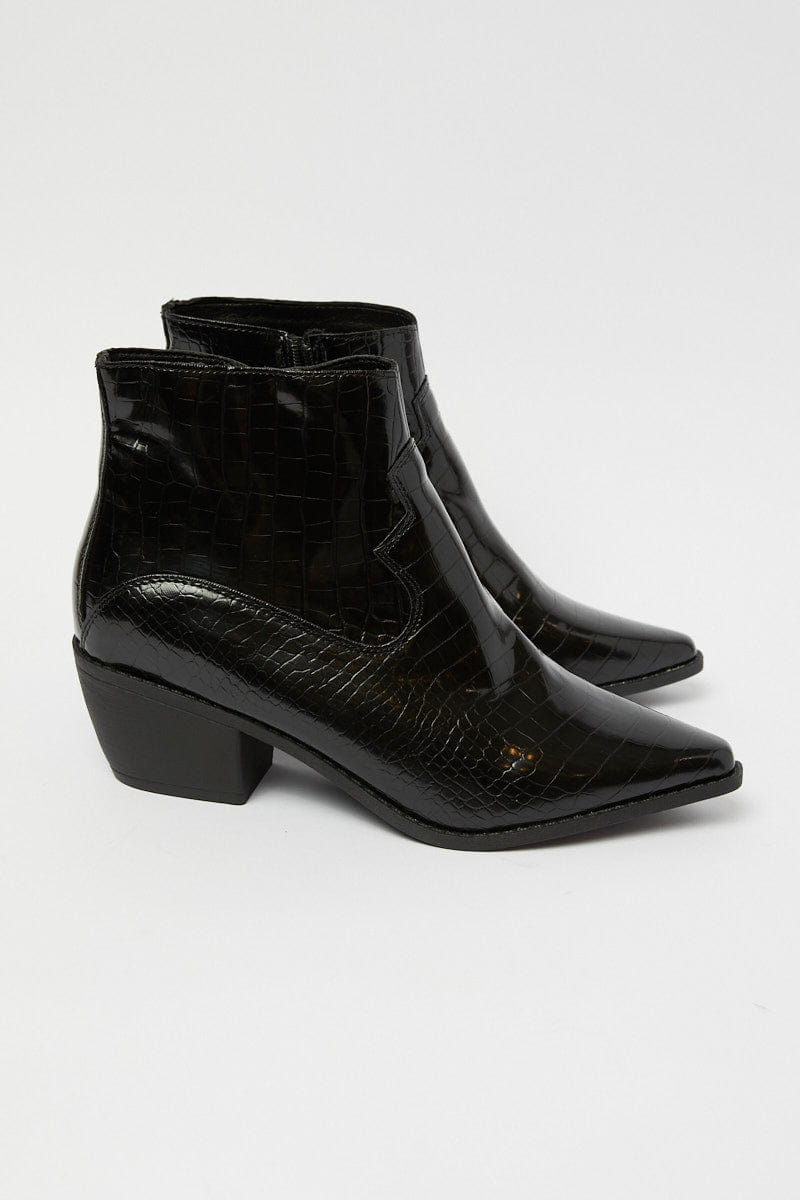 Black Croc Print Western Ankle Boots for YouandAll Fashion