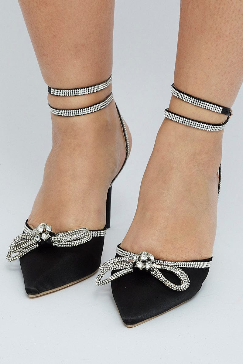 Black Diamonte Bow Detail Pointed Strappy Shoes for YouandAll Fashion