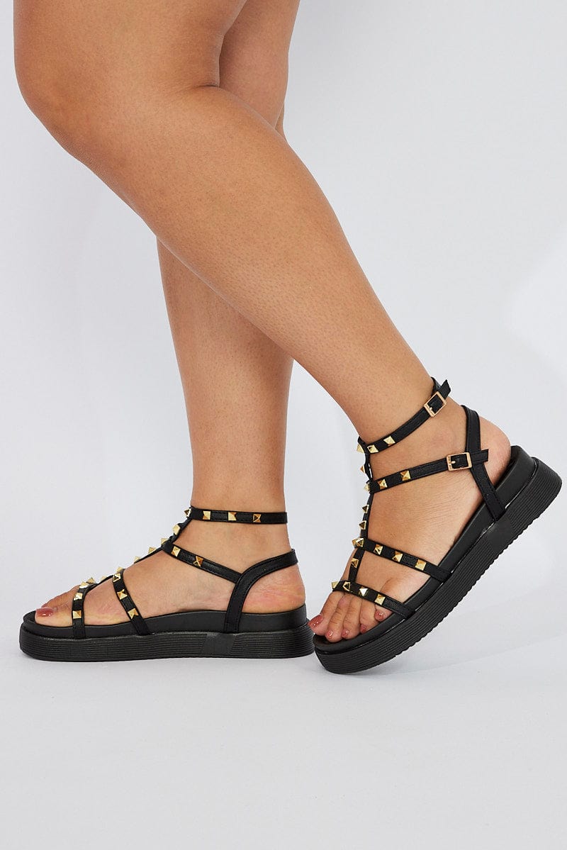 Black Studded Flat Sandals for YouandAll Fashion