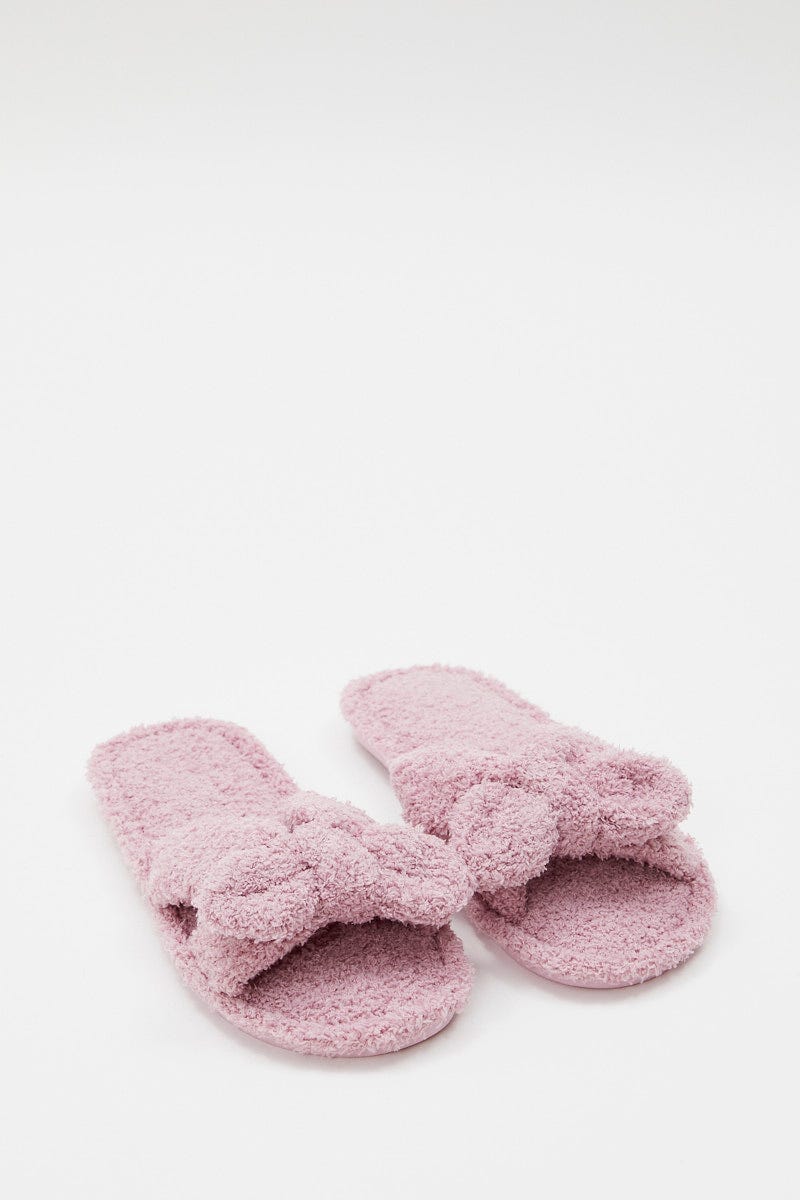 Pink Plush Fluffy Bow Detail Slippers For Women By You And All