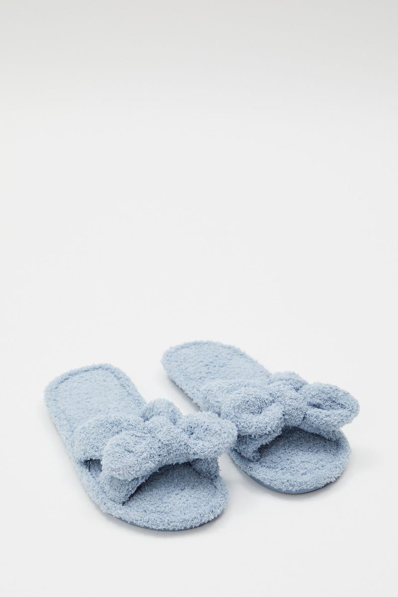 Blue Plush Fluffy Bow Detail Slippers For Women By You And All