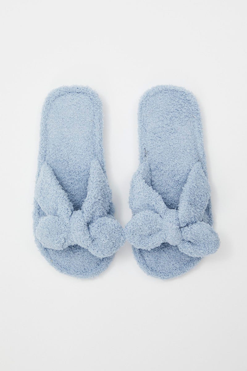 Blue Plush Fluffy Bow Detail Slippers For Women By You And All