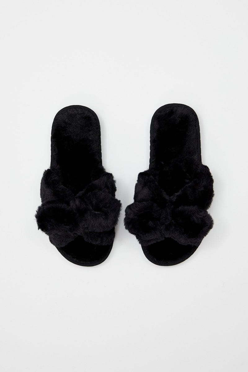 Black Plush Faux Fur Bow Detail Slippers For Women By You And All