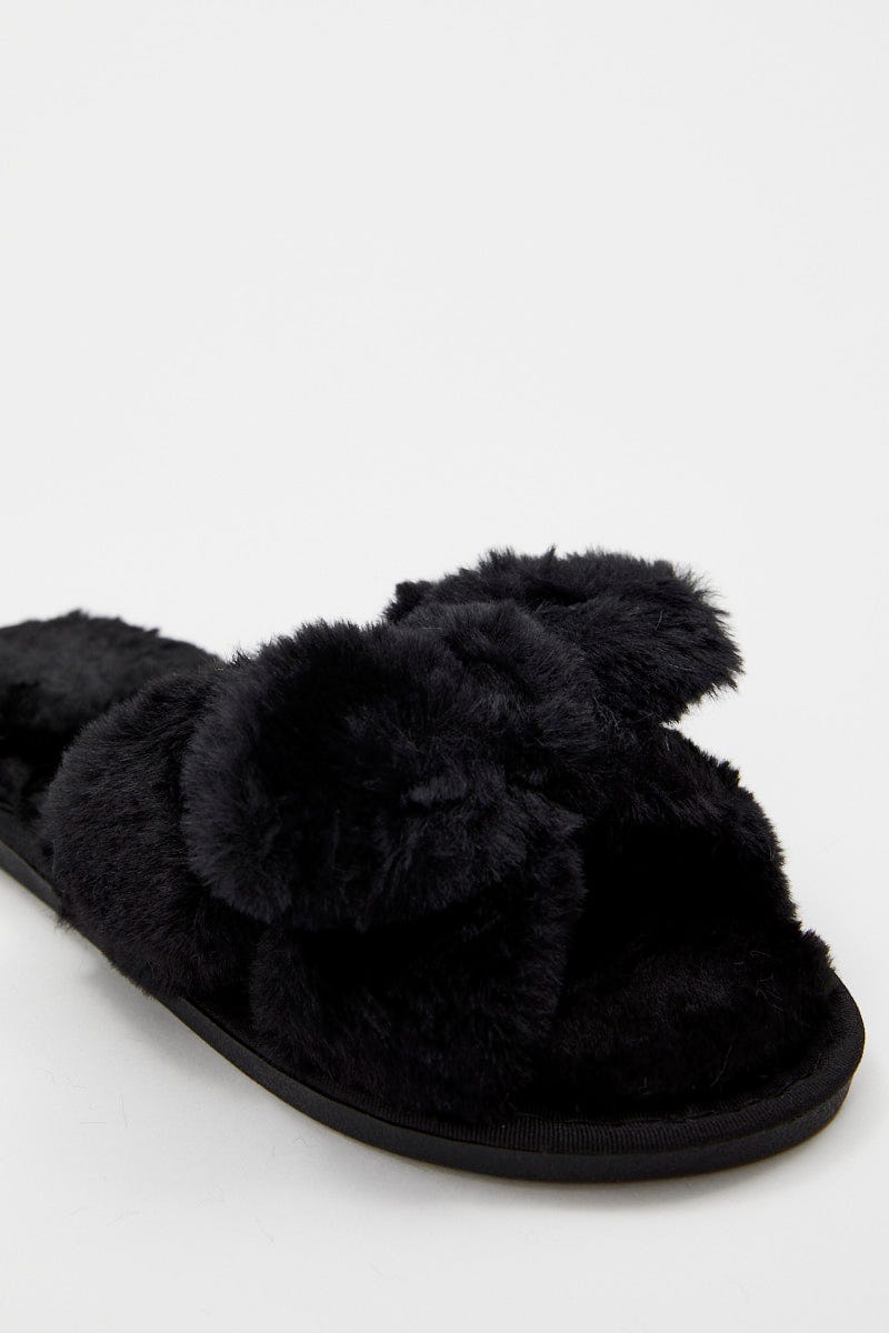 Black Plush Faux Fur Bow Detail Slippers For Women By You And All