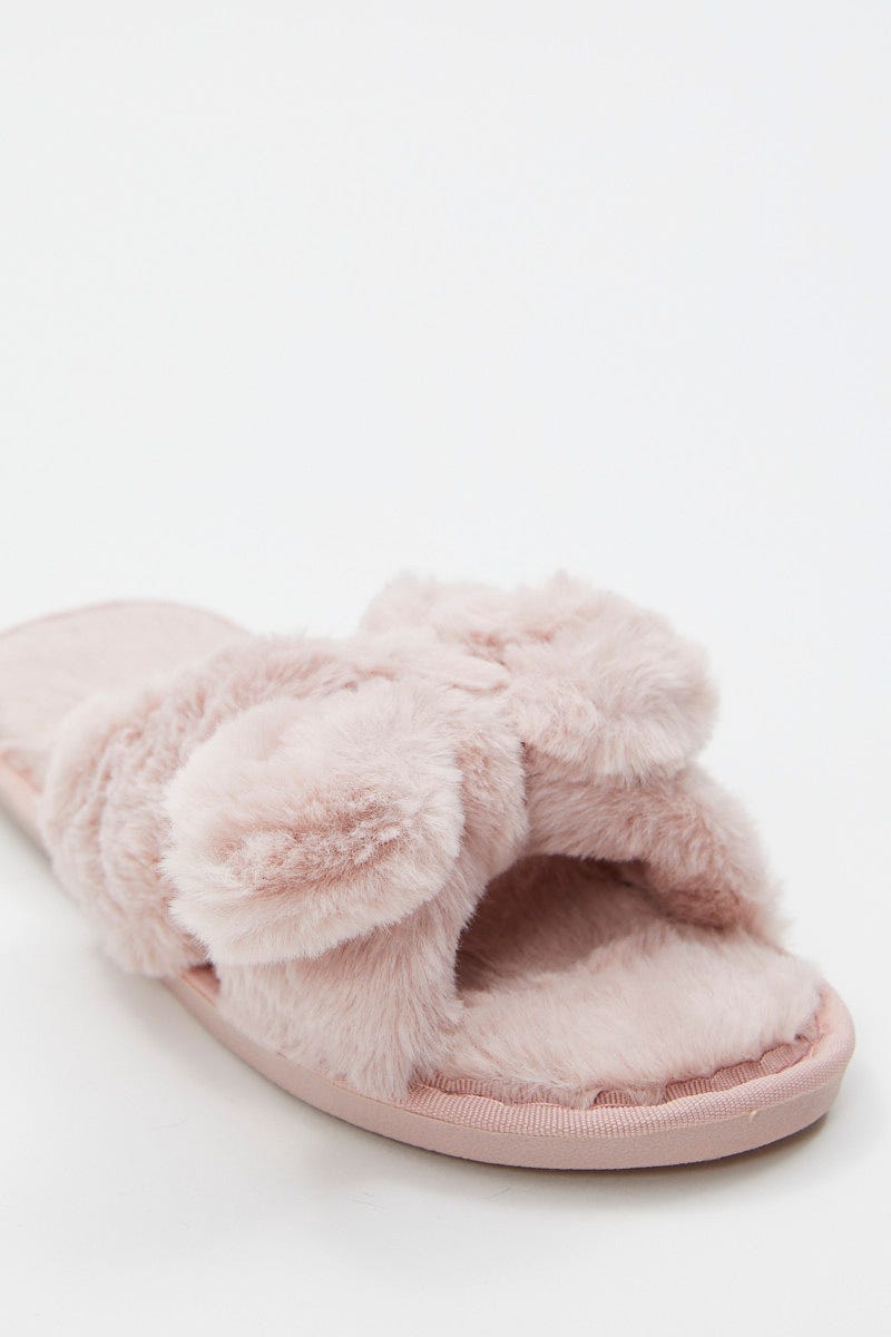 Pink Plush Faux Fur Bow Detail Slippers For Women By You And All