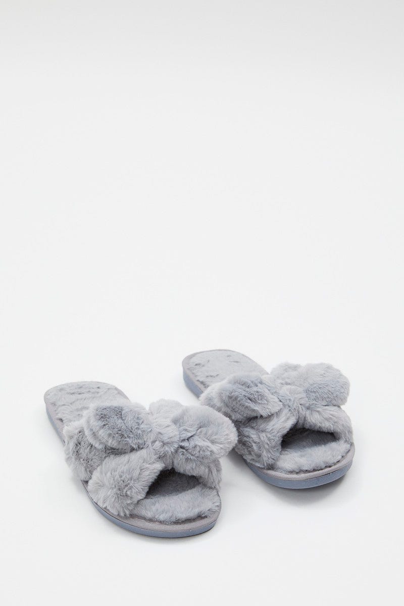 Blue Plush Faux Fur Bow Detail Slippers For Women By You And All