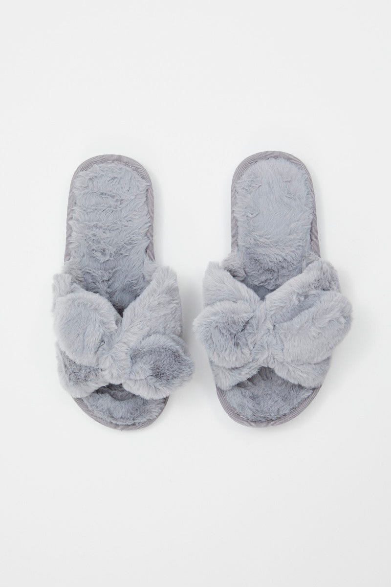 Blue Plush Faux Fur Bow Detail Slippers For Women By You And All